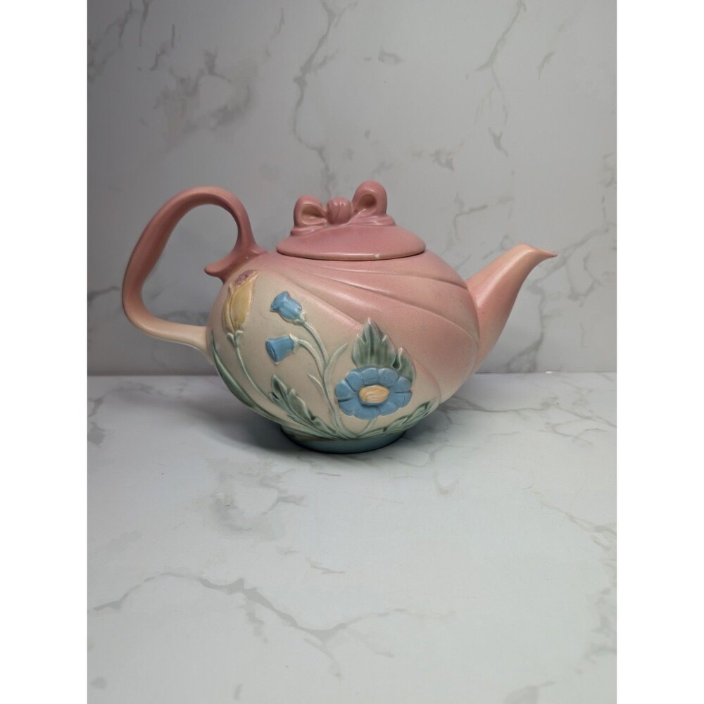 Hull Pottery Art U.S.A. E-20 Pink Bow Knot Teapot with Lid Matte Finish E-20